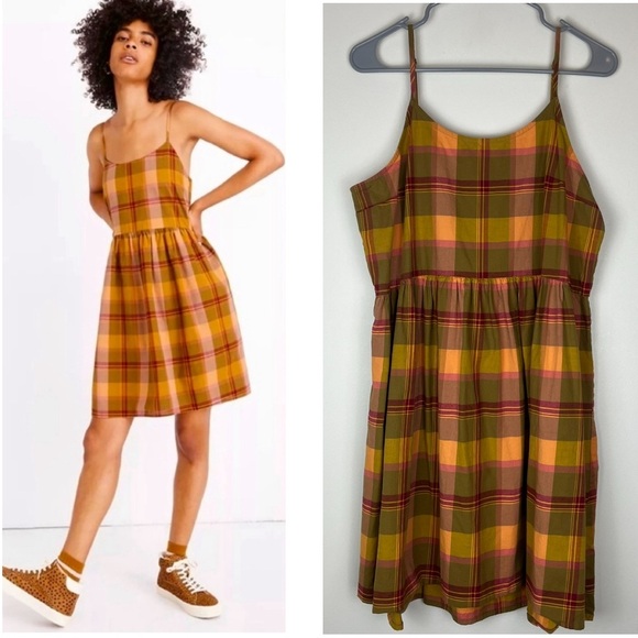 Madewell Dresses & Skirts - MADEWELL Plaid Babydoll Cami Academia Preppy Dress in Madras Spiced Olive Large